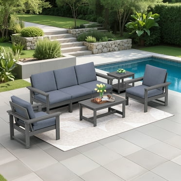 SERWALL Outdoor Patio Furniture Set, 7-Piece HDPE Outdoor Sofa Set Patio Conversation Set, Grey Frame with Grey Cushions