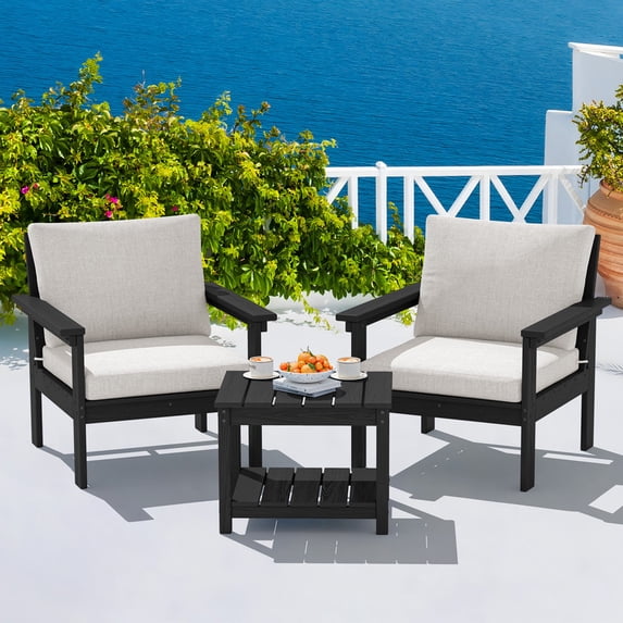 SERWALL Outdoor Patio Sofa Set, 3-Seater HDPE Couch with Thick Cushions , Weather Resistant All-Weather Furniture, Black Frame with Khaki Cushion
