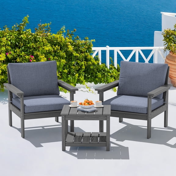 SERWALL Outdoor Patio Sofa Set, 3-Seater HDPE Couch with Thick Cushions , Weather Resistant All-Weather Furniture, Gray Frame with Grey Cushion