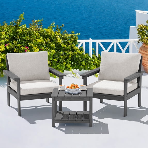 SERWALL Outdoor Patio Sofa Set, 3-Seater HDPE Couch with Thick Cushions , Weather Resistant All-Weather Furniture, Gray Frame with Khaki Cushion