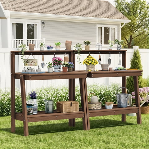 SERWALL Outdoor Potting Bench Set of 2 with Storage & Hooks, 3-Tier Heavy-Duty HDPE Garden Workstation Table, All-Weather Potting Table for Patio & Backyard, 34.8’’W x 17.7’’D x 45.5’’H - Brown