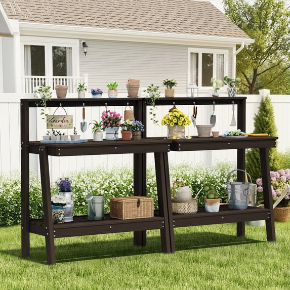 SERWALL Outdoor Potting Bench Set of 2 with Storage & Hooks, 3-Tier Heavy-Duty HDPE Garden Workstation Table, All-Weather Potting Table for Patio & Backyard, 34.8’’W x 17.7’’D x 45.5’’H - Coffee