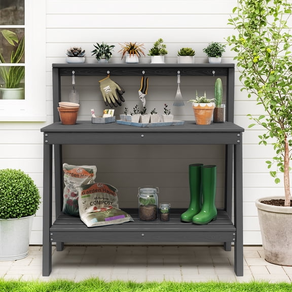 SERWALL Outdoor Potting Bench with Storage & Hooks, 3-Tier Heavy-Duty HDPE Garden Workstation Table, All-Weather Potting Table for Patio & Backyard, 34.8’’W x 17.7’’D x 45.5’’H - Grey