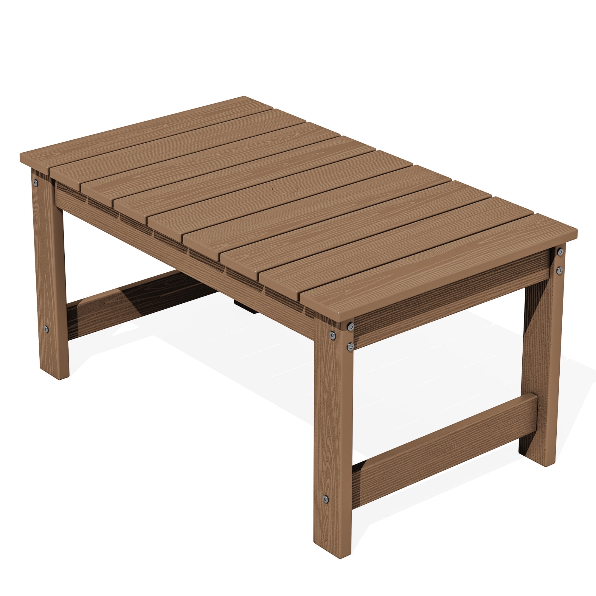 SERWALL Outdoor Rectangle Coffee Table with Umbrella Hole, 19.7" x 33.7" HDPE All Weather Patio Coffee Table, Brown