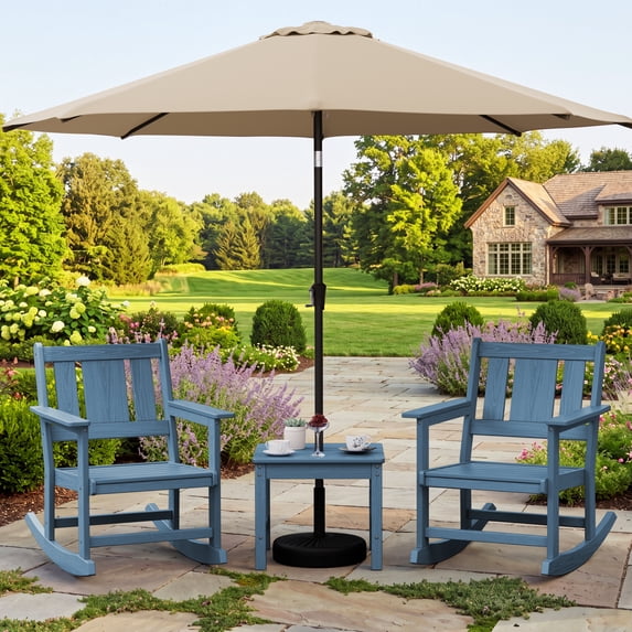 SERWALL Outdoor Rocking Bistro Set of 2 with 1 Side Table & 9ft Patio Umbrella(Umbrella Base Not Included), Porch Chairs and Coffee Table Set for Lawn Balcony Deck, Blue