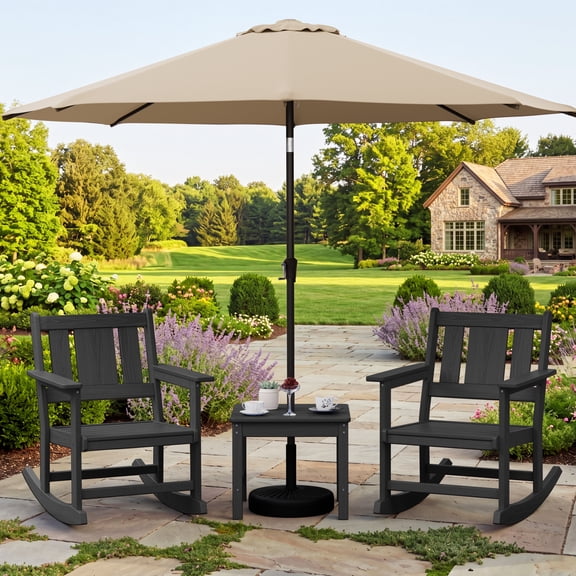 SERWALL Outdoor Rocking Bistro Set of 2 with 1 Side Table & 9ft Patio Umbrella(Umbrella Base Not Included), Porch Chairs and Coffee Table Set for Lawn Balcony Deck, Black