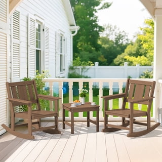SERWALL Outdoor Rocking Bistro Set, 3 Pieces Patio Furniture Set, Porch Chairs and Coffee Table Set with Umbrella Hole, for Lawn Balcony Deck, Brown