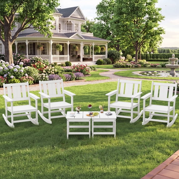 SERWALL Outdoor Rocking Bistro Set, 3 Pieces Patio Furniture Set, Porch Chairs and Coffee Table Set with Umbrella Hole, for Lawn Balcony Deck, 6-piece White