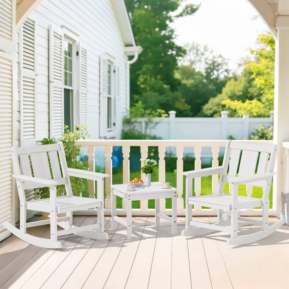SERWALL Outdoor Rocking Bistro Set, 3 Pieces Patio Furniture Set, Porch Chairs and Coffee Table Set with Umbrella Hole, for Lawn Balcony Deck, White