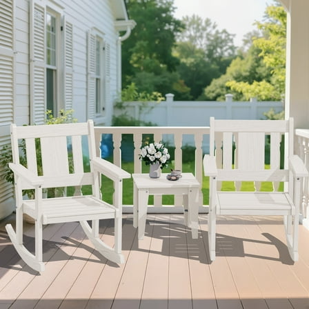 SERWALL Outdoor Rocking Bistro Set, 3 Pieces Patio Furniture Set, Rocking Chairs with Coffee Table Set for Porch, Garden, Backyard, White