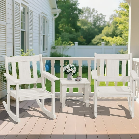 SERWALL Outdoor Rocking Bistro Set, 3 Pieces Patio Furniture Set, Rocking Chairs with Coffee Table Set for Porch, Garden, Backyard, White