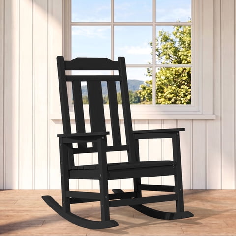 SERWALL Oversized Outdoor Rocking Chair for Adults, HDPE All Weather Patio Rockers for Porch Garden Lawn, Black