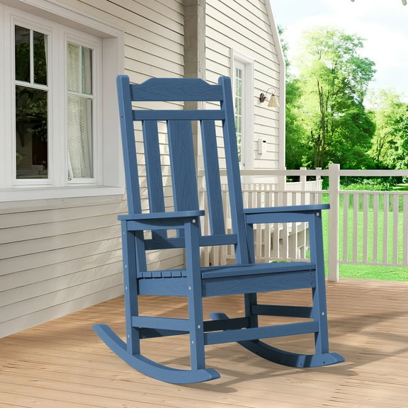 SERWALL Outdoor Rocking Chair， HDPE Patio Rocking Chair, Heavy Duty Front Porch Rocker, Blue