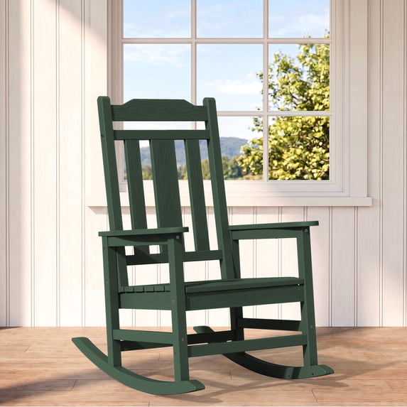 SERWALL Oversized Outdoor Rocking Chair for Adults, HDPE All Weather Patio Rockers for Porch Garden Lawn, Dark Green