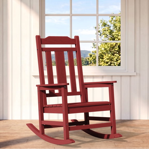 SERWALL Oversized Outdoor Rocking Chair for Adults, HDPE All Weather Patio Rockers for Porch Garden Lawn, Dark Red