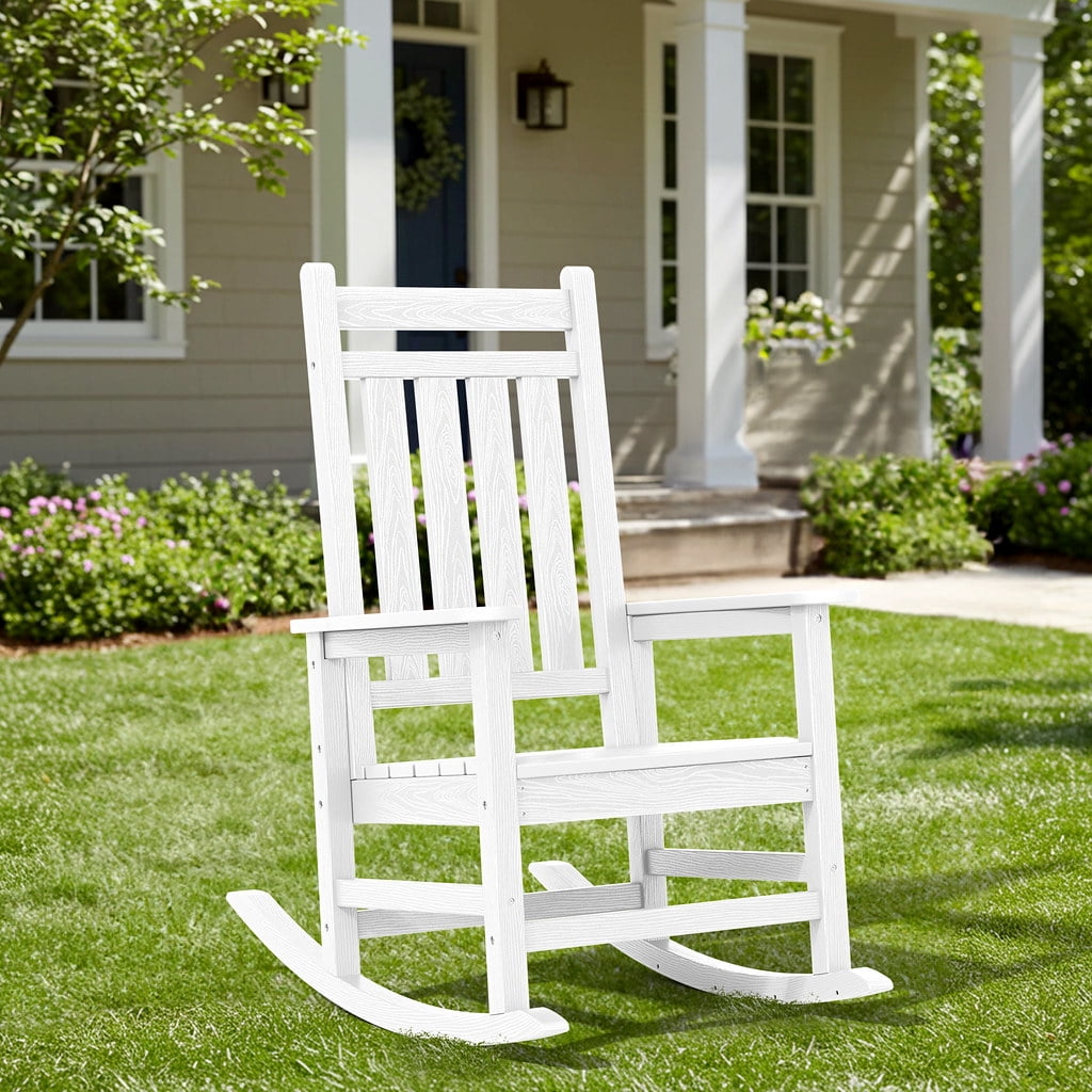 SERWALL Oversized Outdoor Rocking Chair, All-Weather HDPE Patio Rocker with Wide Armrests for Porch, Patio & Lawn, White
