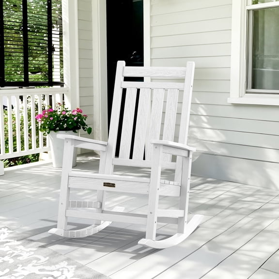 SERWALL Oversized Outdoor Rocking Chair, All-Weather HDPE Patio Rocker with Wide Armrests for Porch, Patio & Lawn, White
