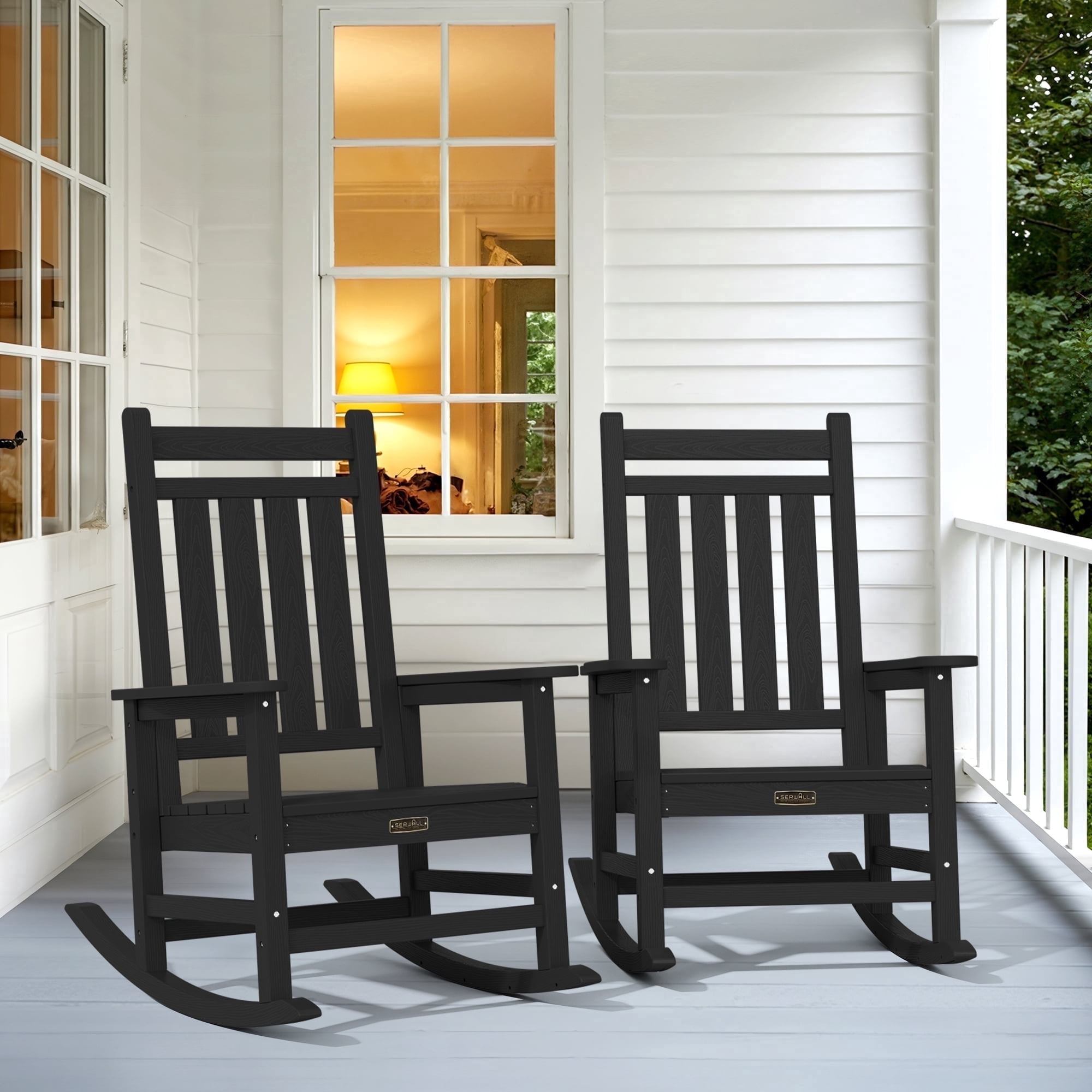 SERWALL, Outdoor Rocking Chair, Set of 2, HDPE Patio Rocker Black