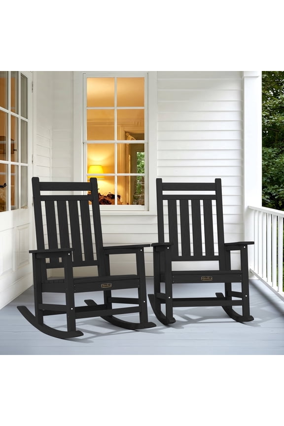 Oversized Outdoor Rocking Chair Set of 2, All-Weather HDPE Patio Rocker with Wide Armrests for Porch, Patio & Lawn, Black
