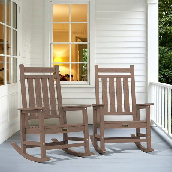 SERWALL Outdoor Rocking Chair Set of 2, HDPE Patio Rocker for Lawn, Porch, Brown