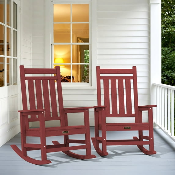 SERWALL Outdoor Rocking Chair Set of 2, HDPE Patio Rocker for Lawn, Porch, Crimson Red