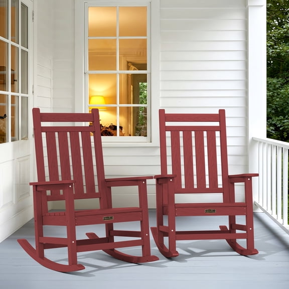 SERWALL Outdoor Rocking Chair Set of 2, HDPE Patio Rocker for Lawn, Porch, Crimson Red