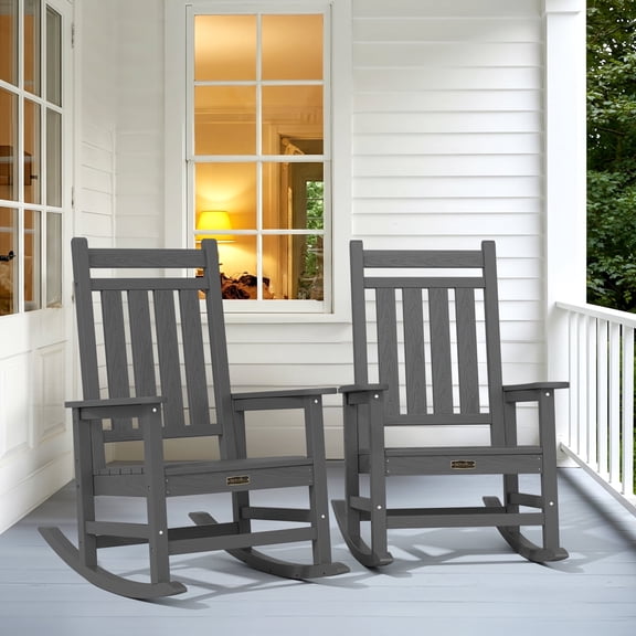 SERWALL Oversized Outdoor Rocking Chair Set of 2, All-Weather HDPE Patio Rocker with Wide Armrests for Porch, Patio & Lawn, Grey