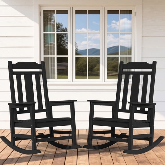 SERWALL Oversized Outdoor Rocking Chairs Set of 2 for Adults, HDPE All Weather Patio Rockers for Porch Garden Lawn, Black