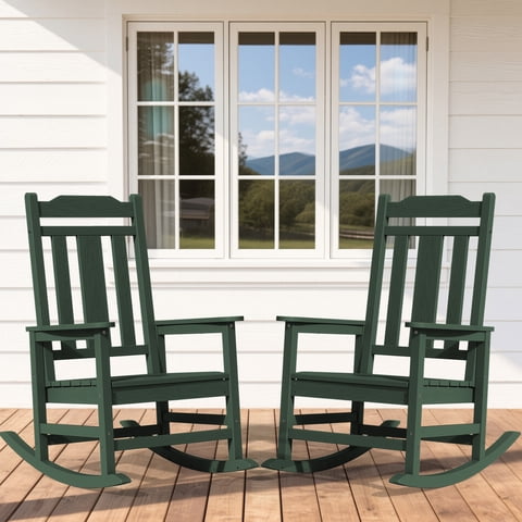 SERWALL Oversized Outdoor Rocking Chairs Set of 2 for Adults, HDPE All Weather Patio Rockers for Porch Garden Lawn, Dark Green