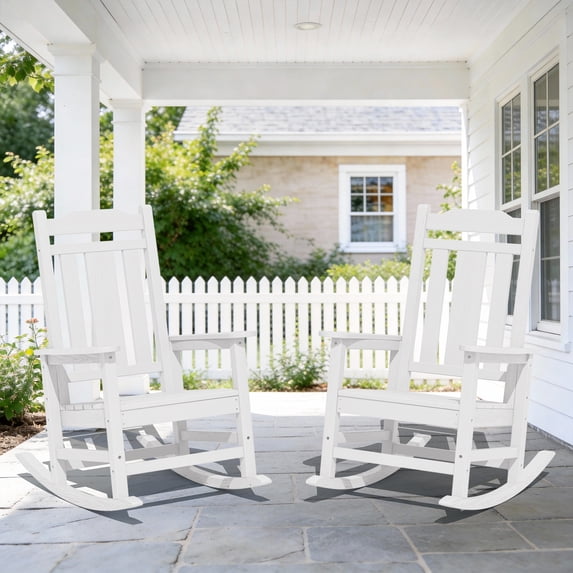 SERWALL Oversized Outdoor Rocking Chairs Set of 2 for Adults, HDPE All Weather Patio Rockers for Porch Garden Lawn, White