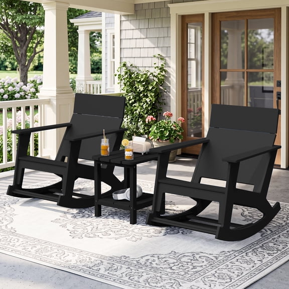 SERWALL Outdoor Rocking Chairs Set of 2, HDPE Patio Rocking Chairs with Pull-Out Footrests and Solid Backrests for Porch, Garden and Lawn, Black(Table Not Included)