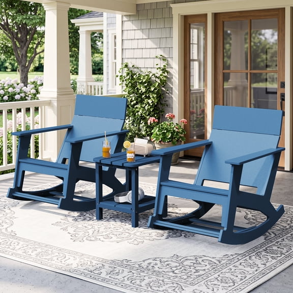 SERWALL Outdoor Rocking Chairs Set of 2, HDPE Patio Rocking Chairs with Pull-Out Footrests and Solid Backrests for Porch, Garden and Lawn, Blue(Table Not Included)