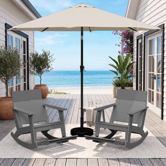 SERWALL Outdoor Rocking Chairs Set of 2 with Umbrella, HDPE Porch Rocking Chairs with Pull-Out Footrests, Gray (Umbrella Base Not Included)