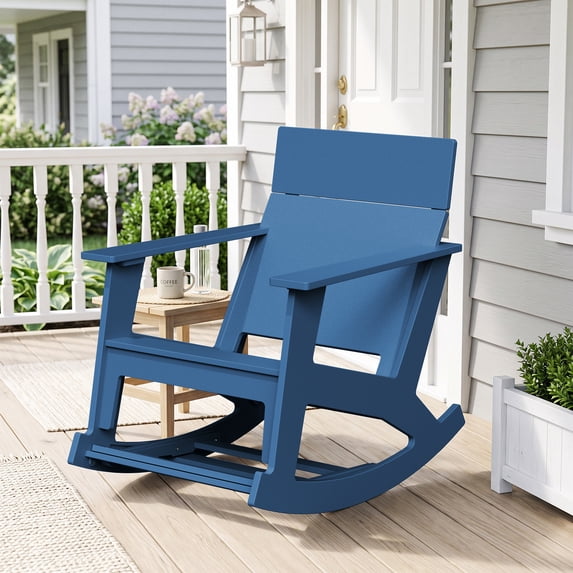 SERWALL Outdoor Rocking Chairs with Pull-Out Footrest, Solid Backrest, HDPE Patio Rocking Chair for Porch, Patio, Lawn and Deck, Blue