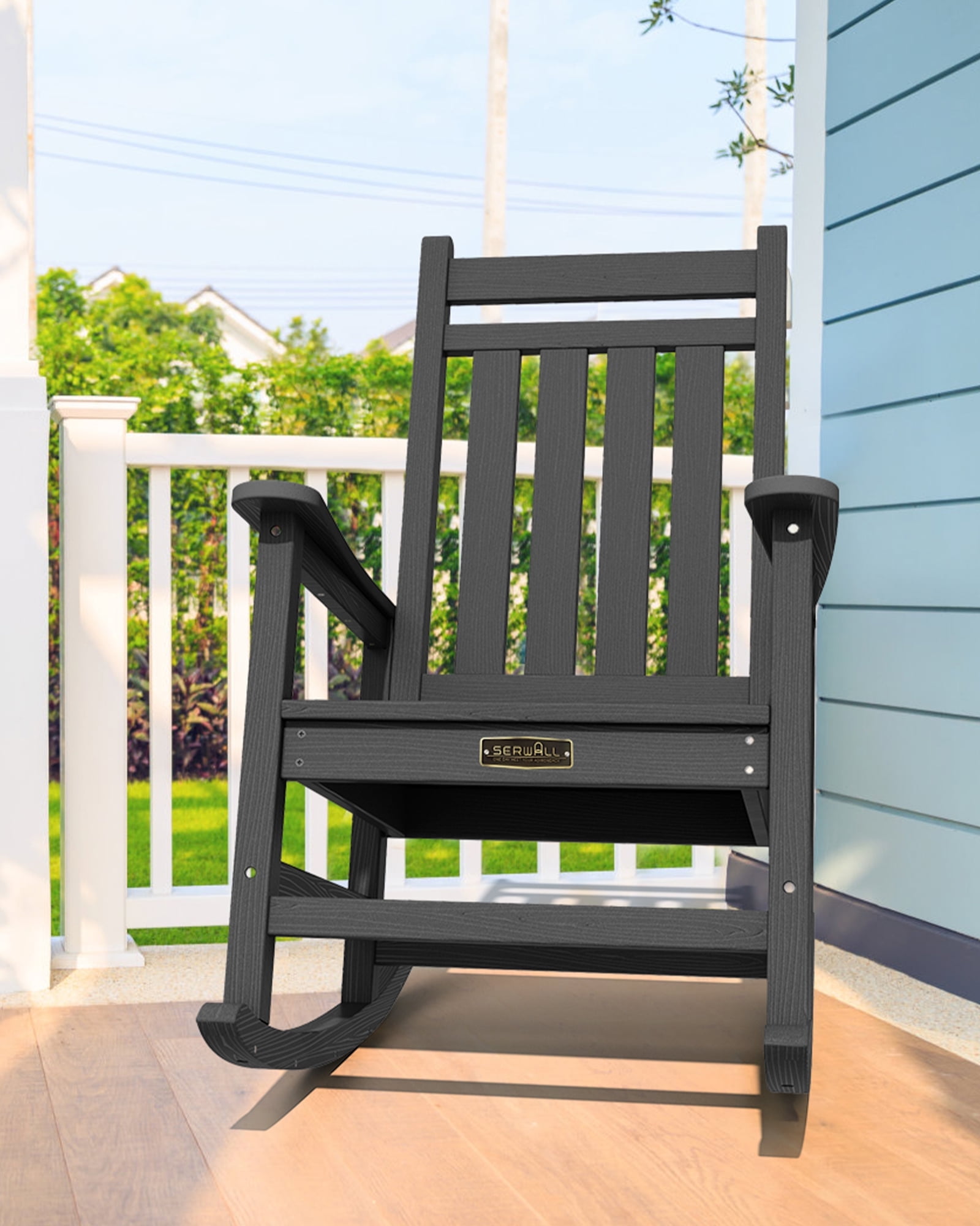 SERWALL Outdoor Slat Rocking Chair, HDPE Plastic Porch Rocker, Black ...