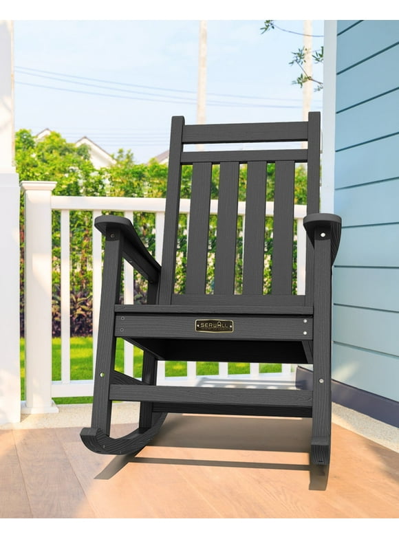 SERWALL Outdoor Slat Rocking Chair, HDPE Plastic Porch Rocker, Black