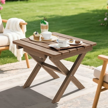 SERWALL Outdoor Small Folding Side Table, HDPE All Weather Adirondack End Table, No Assembly Required, Brown
