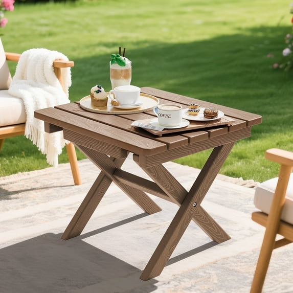 SERWALL Outdoor Small Folding Side Table, HDPE All Weather Adirondack End Table, No Assembly Required, Brown