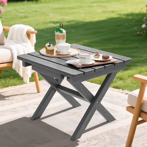SERWALL Outdoor Small Folding Side Table, HDPE All Weather Adirondack End Table, No Assembly Required, Gray