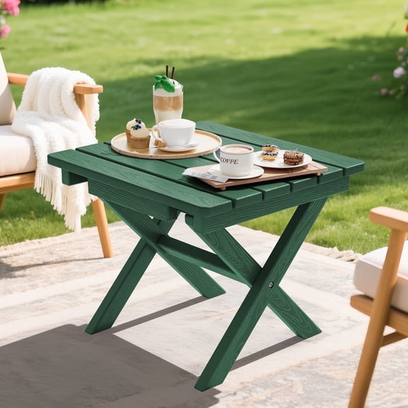 SERWALL Outdoor Small Folding Side Table, HDPE All Weather Adirondack End Table, No Assembly Required, Green