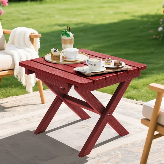 SERWALL Outdoor Small Folding Side Table, HDPE All Weather Adirondack End Table, No Assembly Required, Red