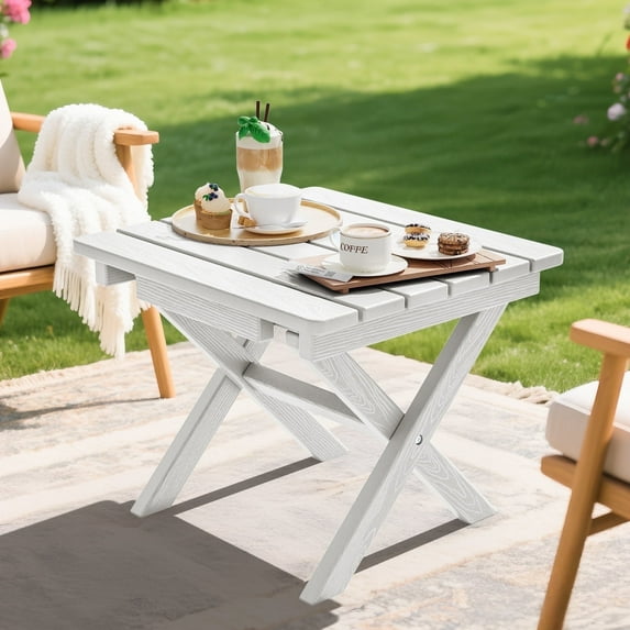 SERWALL Outdoor Small Folding Side Table, HDPE All Weather Adirondack End Table, No Assembly Required, White