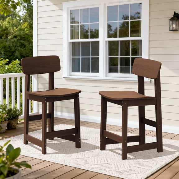 SERWALL Outdoor Bar Stools with Back Set of 2, HDPE Patio Counter Height Bar Stools with Footrest, Adirondack Outdoor Barstools for Garden, Backyard, Poolside, Balcony - Brown
