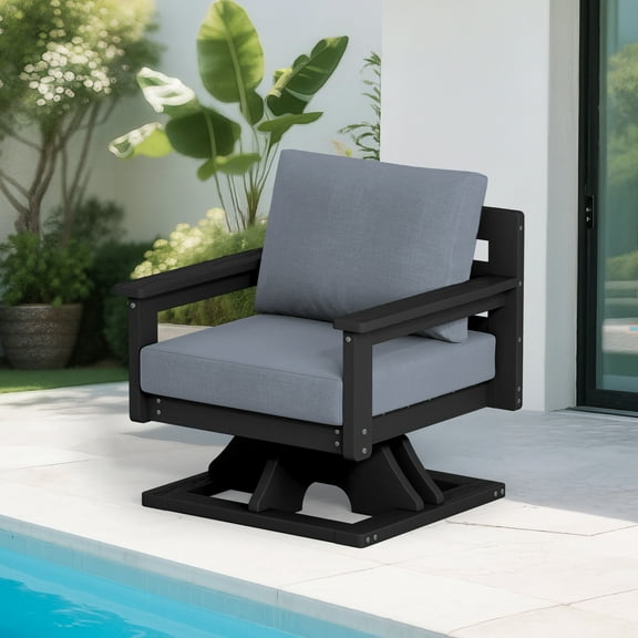 SERWALL Outdoor Swivel Rocking Chairs, HDPE All-Weather Patio Swivel Sofas with Thick Cushions for Porch, Black Frame with Gray Cushions