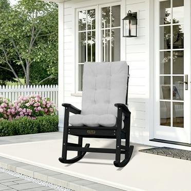 SERWALL Oversized HDPE Outdoor Rocking Chair with Cushion, Black Rocker and Gray Cushion