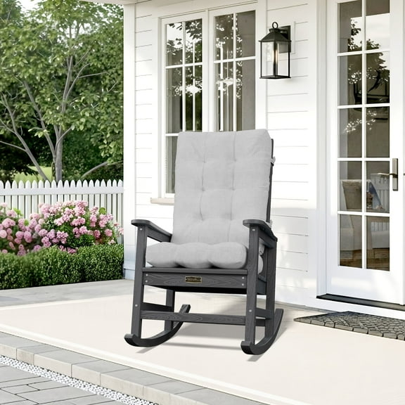 SERWALL Oversized HDPE Outdoor Rocking Chair with Cushion, Gray Rocker and Gray Cushion