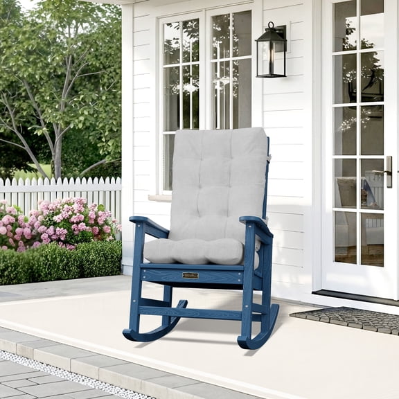 SERWALL Oversized HDPE Outdoor Rocking Chair with Cushion, Navy Rocker and Gray Cushion