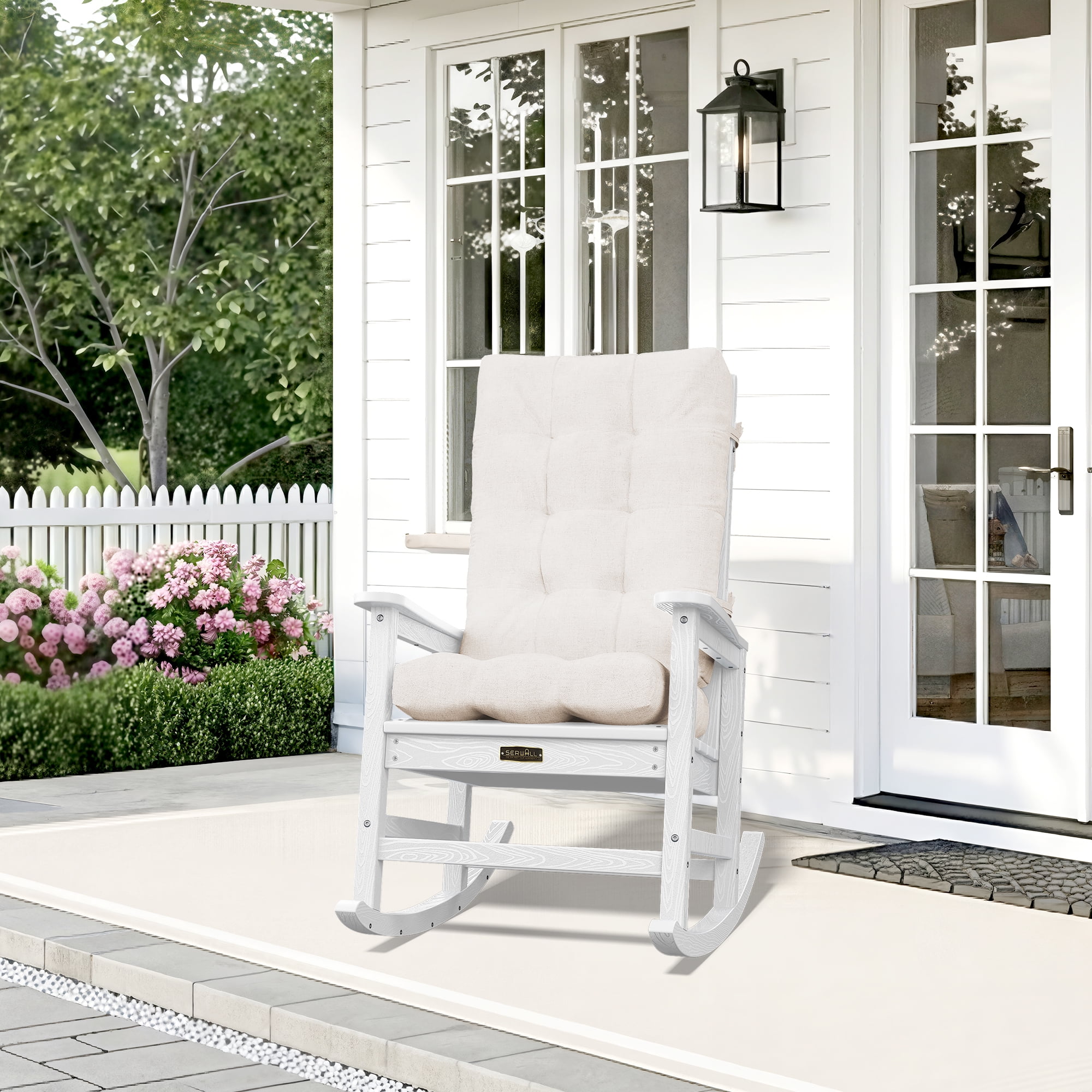 SERWALL Oversized HDPE Outdoor Rocking Chair with Cushion, White Rocker ...