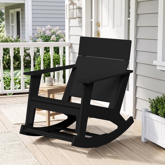 SERWALL Outdoor Rocking Chairs with Pull-Out Footrest, Solid Backrest, HDPE Patio Rocking Chair for Porch, Patio, Lawn and Deck, Black