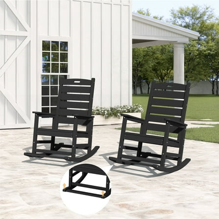 SERWALL Oversized Outdoor Rocking Chair Set of 2 with Footrest for Adults, HDPE All Weather Patio Rocker for Porch, Garden, Lawn, Black